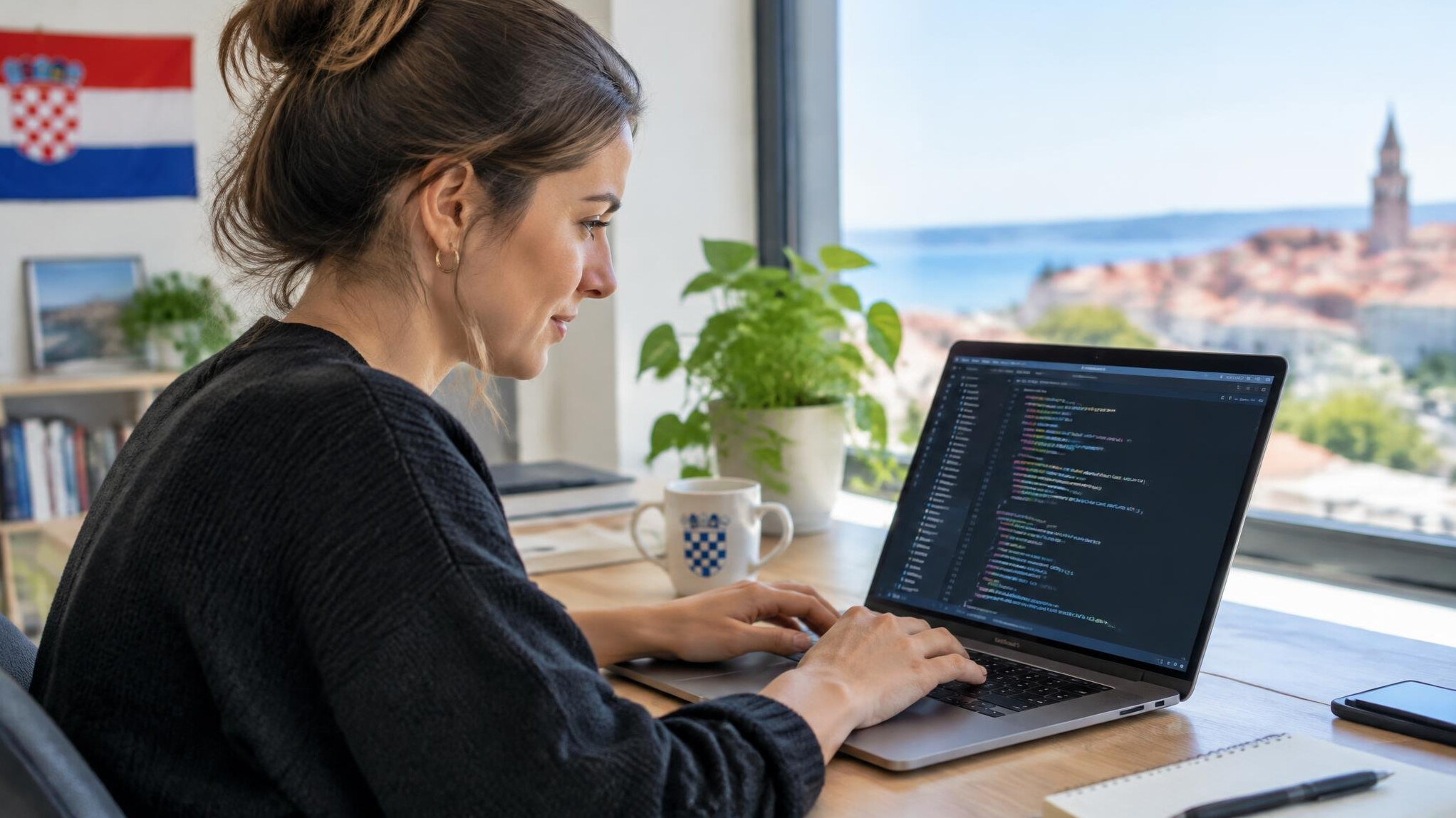 Developer working on a laptop with code on the screen