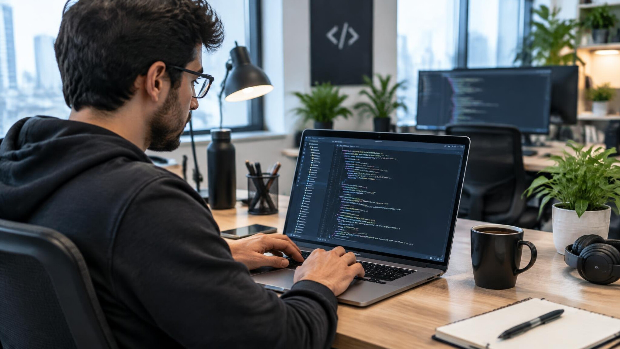 man coding at desk