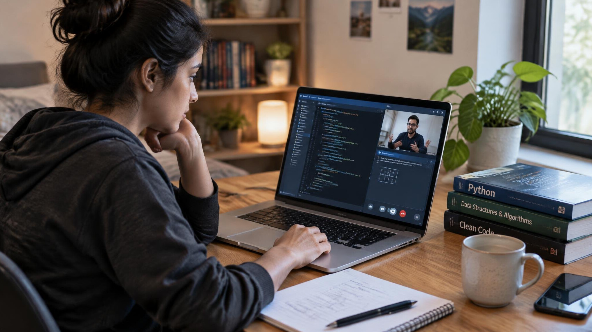 woman working on code at home