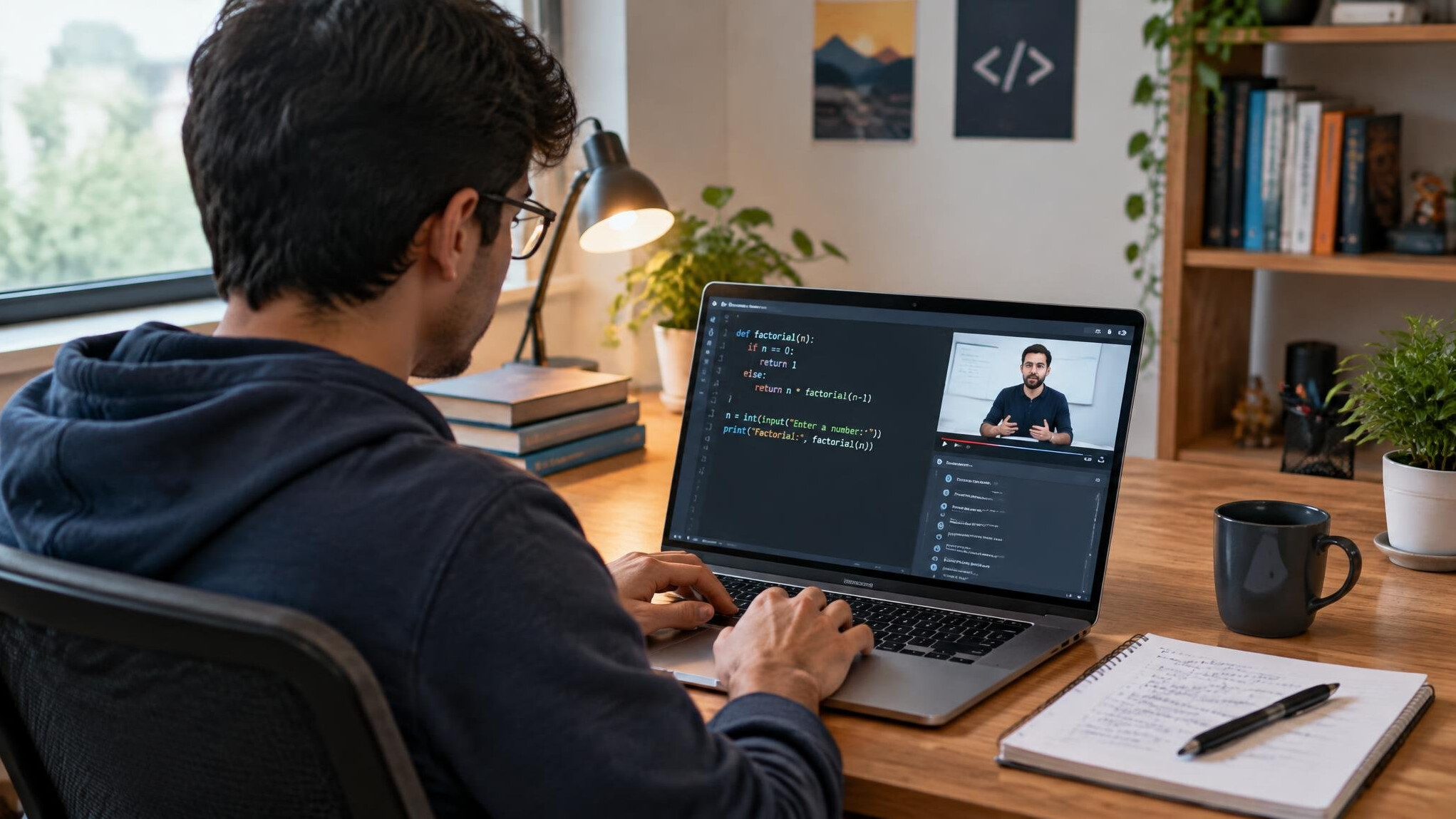 person coding at home desk