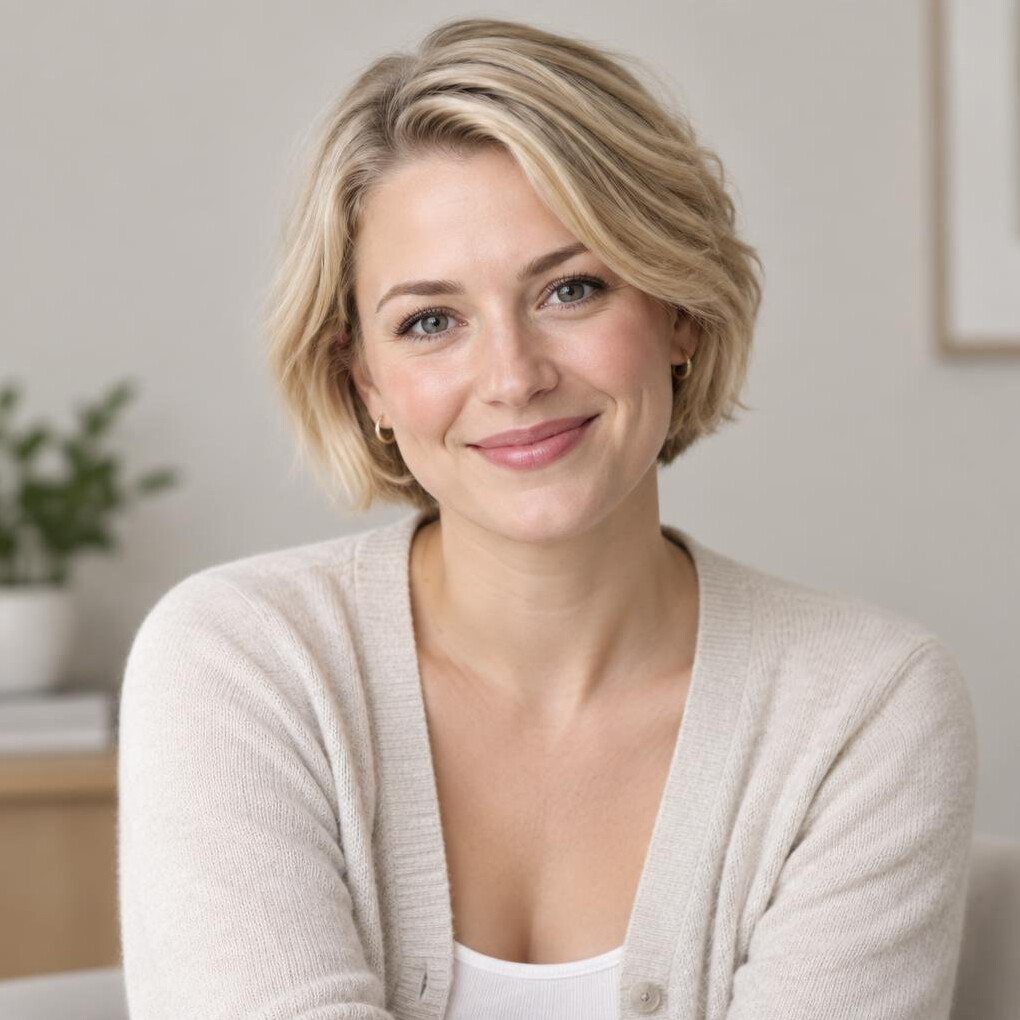 Portrait of a woman with short blonde hair smiling