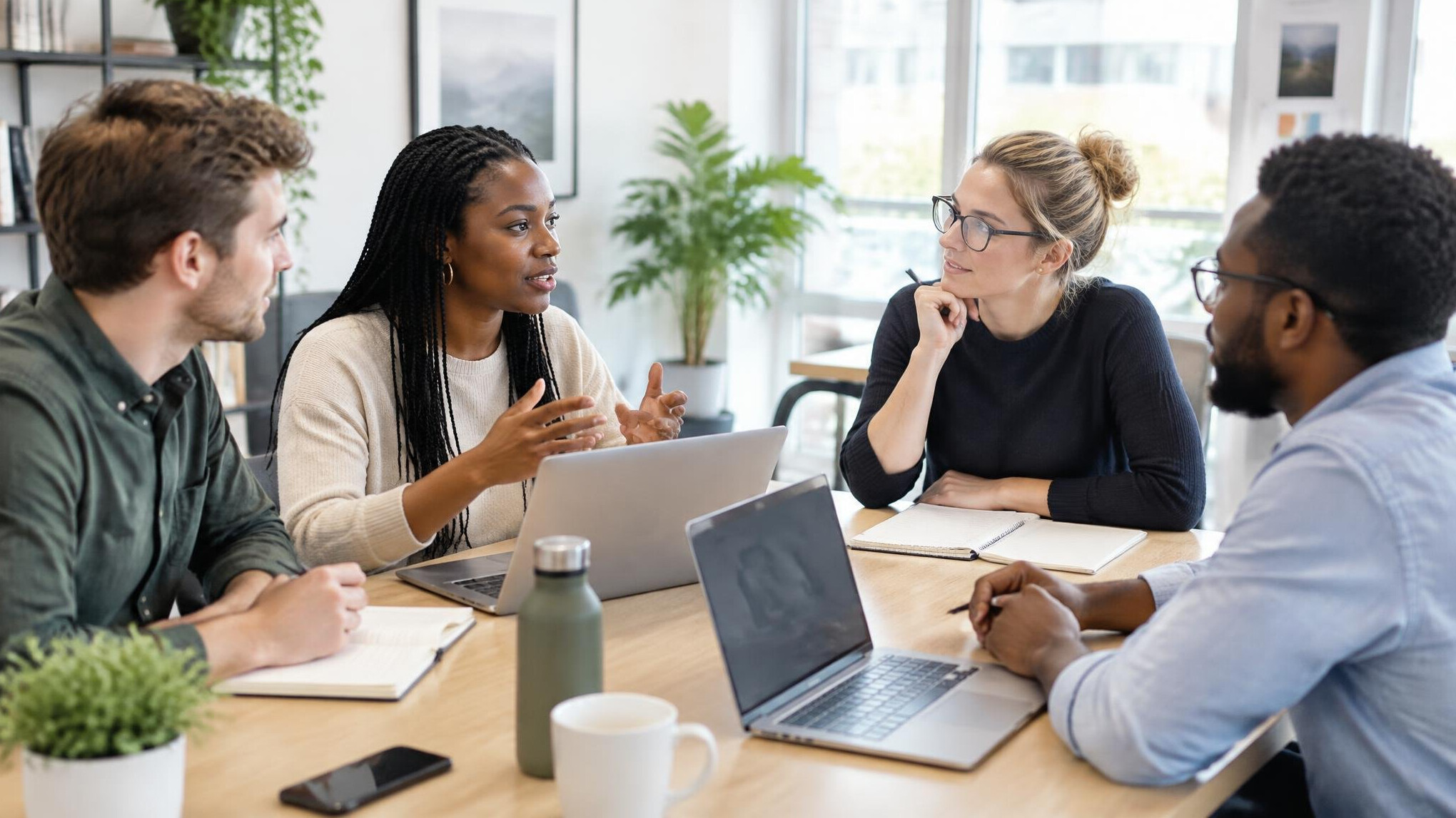Team meeting around a table in a bright office