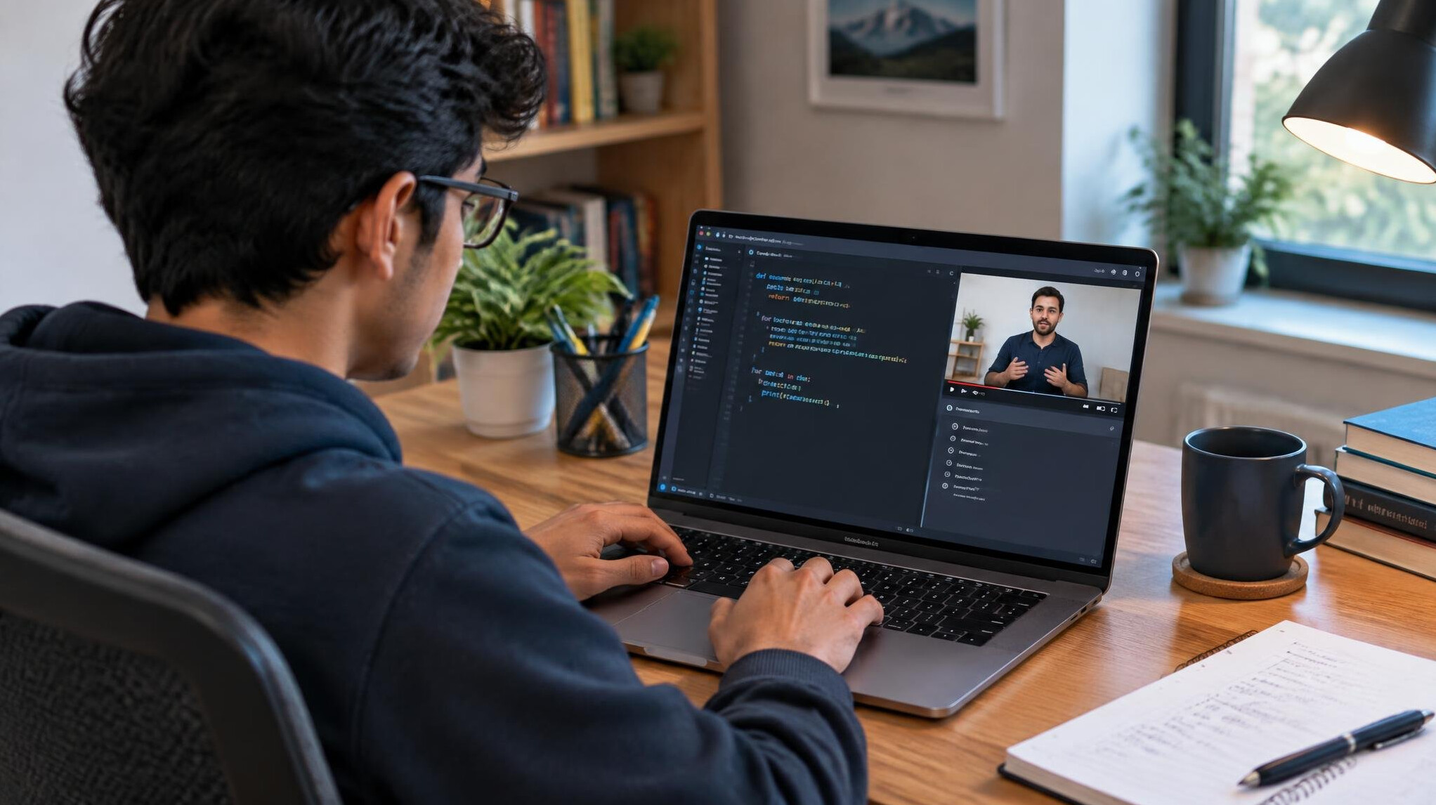 person coding at home desk