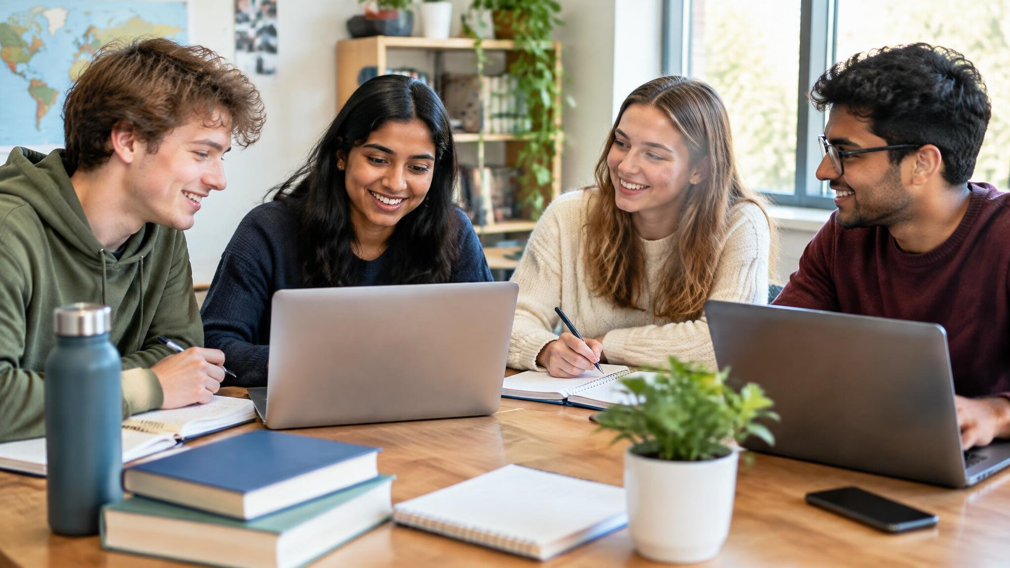 Group of young people studying together around a table with laptops